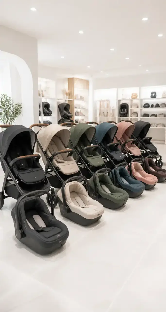Plusieurs poussettes combinées 3-en-1 alignées dans un showroom pour comparaison