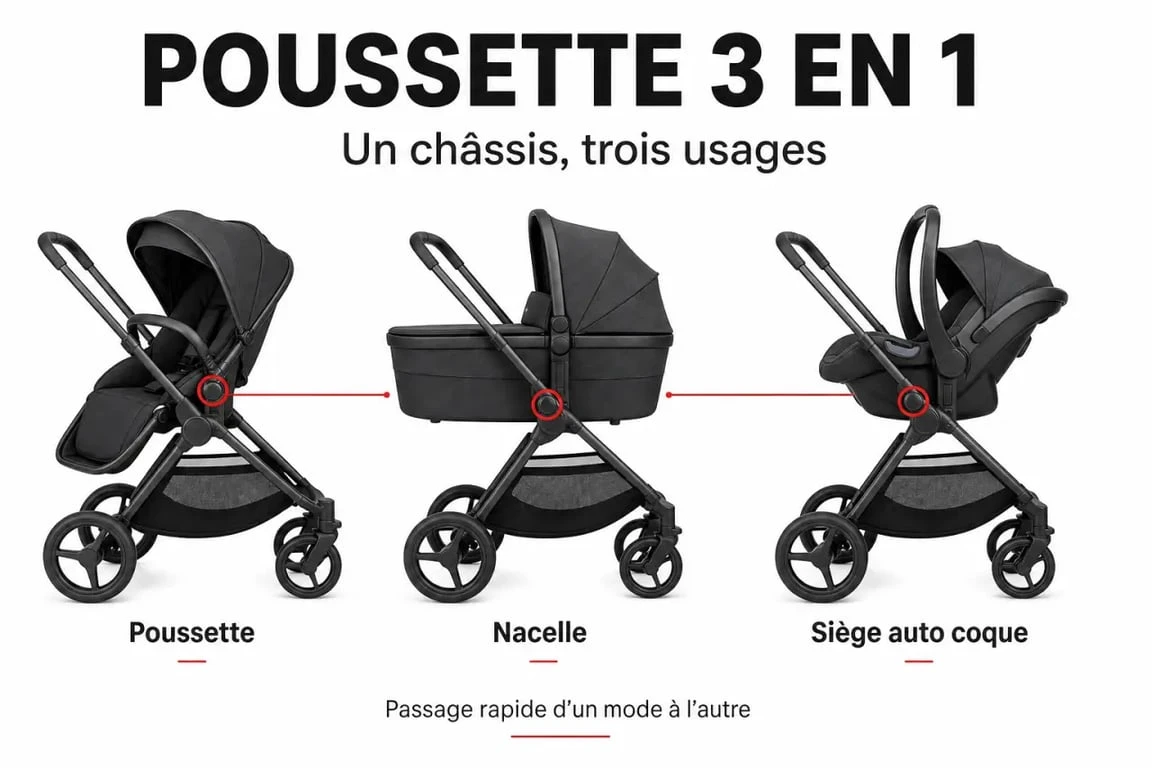 Poussettes 3 en 1 Chicco : composition d’un trio avec nacelle, siège auto coque et poussette sur châssis