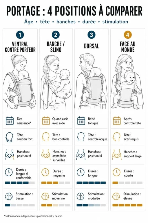 Infographie comparative du porte bébé face au monde et des autres positions de portage
