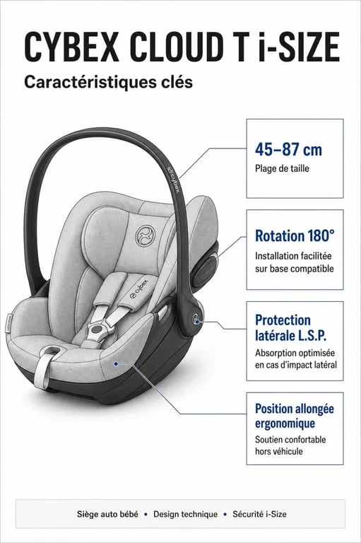 Infographie des caractéristiques techniques du siège auto Cybex Cloud T i-Size