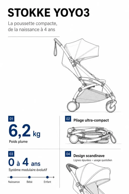 Infographie des caractéristiques techniques de la poussette Stokke YOYO3 pour parents citadins