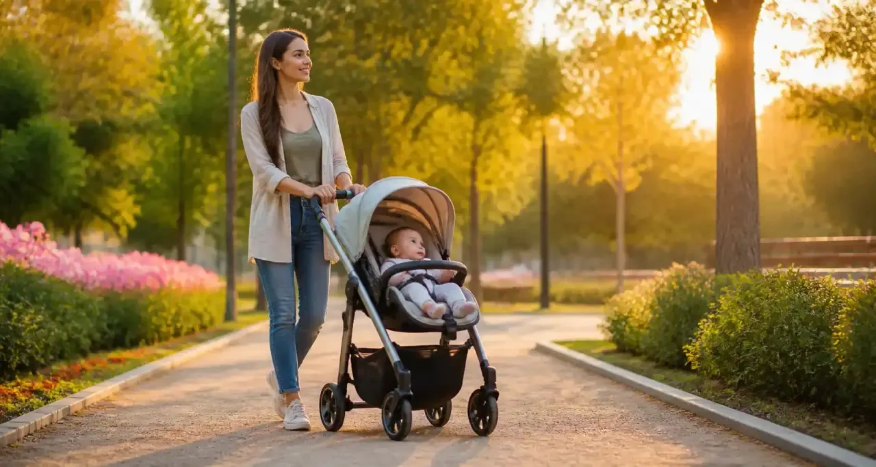 Jeune maman promenant son bébé en poussette trio dans un parc ensoleillé au printemps