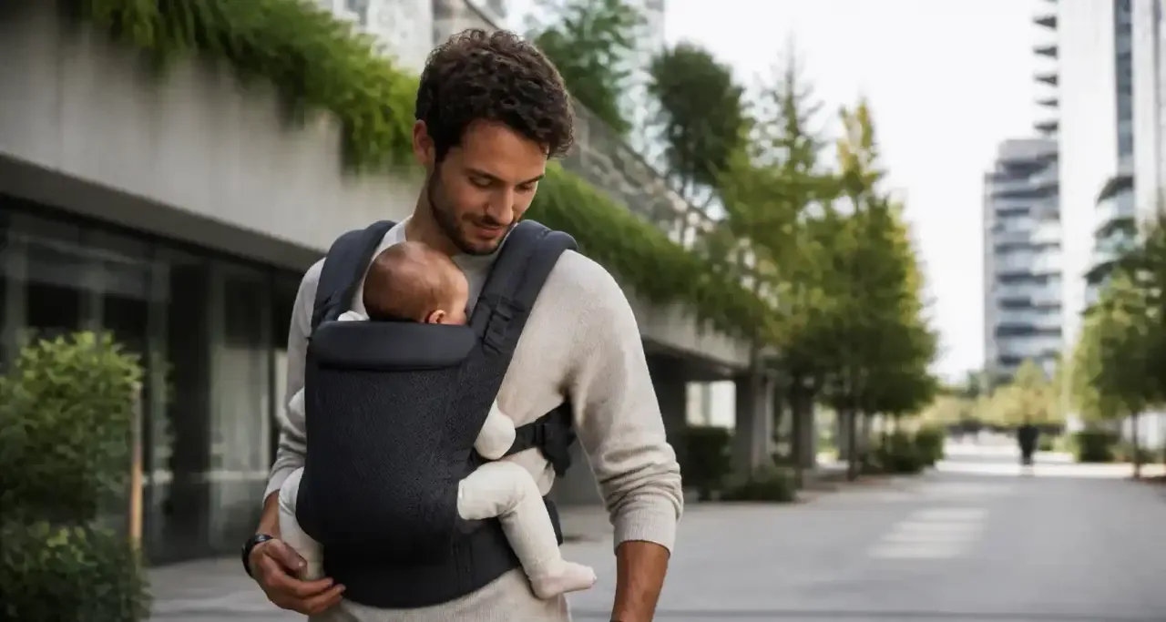 Papa portant son bébé en porte-bébé ergonomique lors d'une balade urbaine