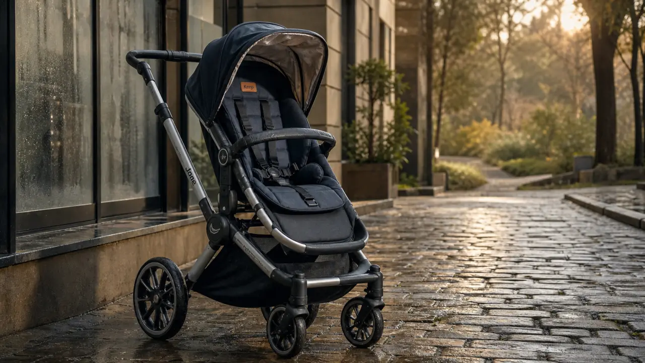 Poussette jane Keep sur trottoir pavé humide