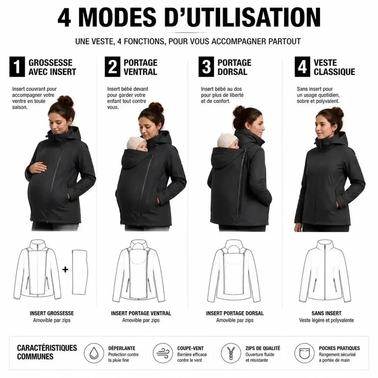 Schéma explicatif des 4 modes d'utilisation d'une veste porte bébé pour parents