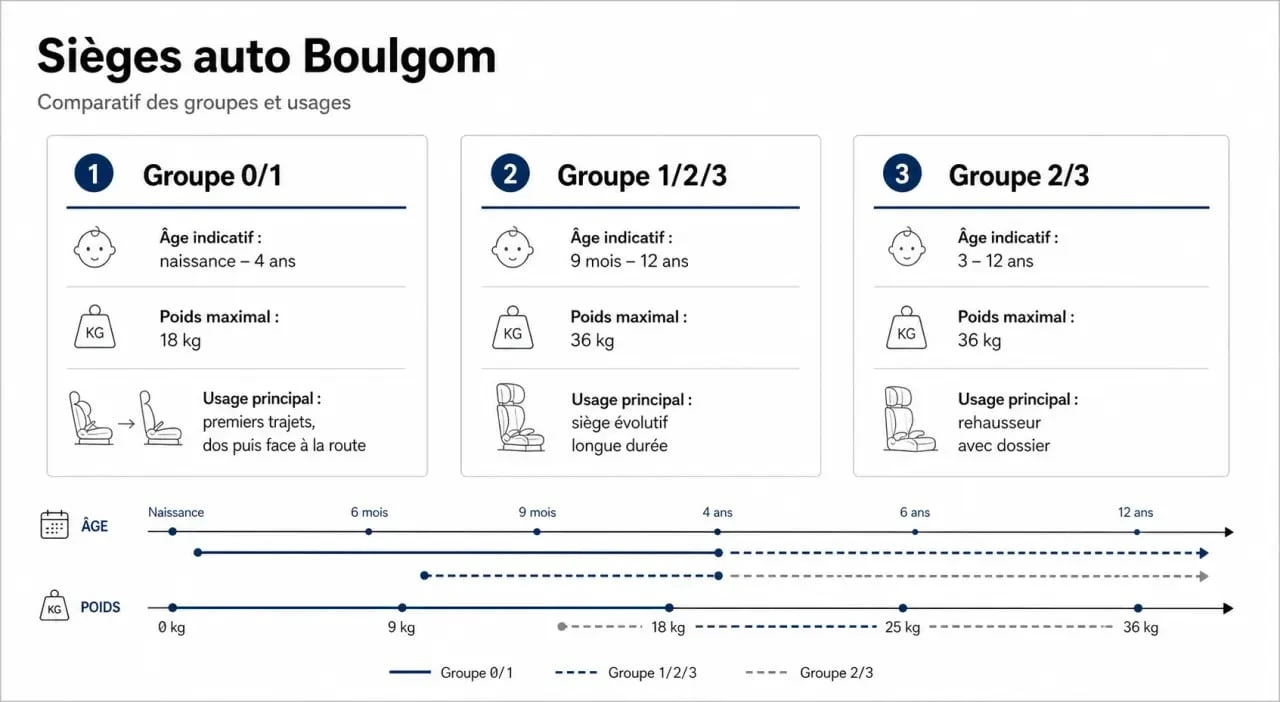 Comparatif boulgom siège auto des groupes 0/1, 1/2/3 et 2/3 avec âges et poids indicatifs