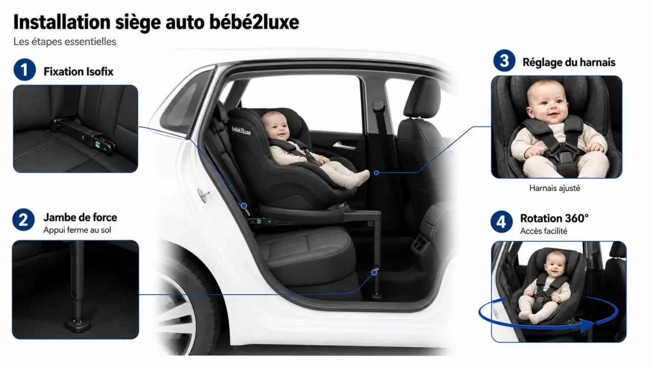 Installation du siège auto bébé2luxe avec Isofix, jambe de force et rotation 360°