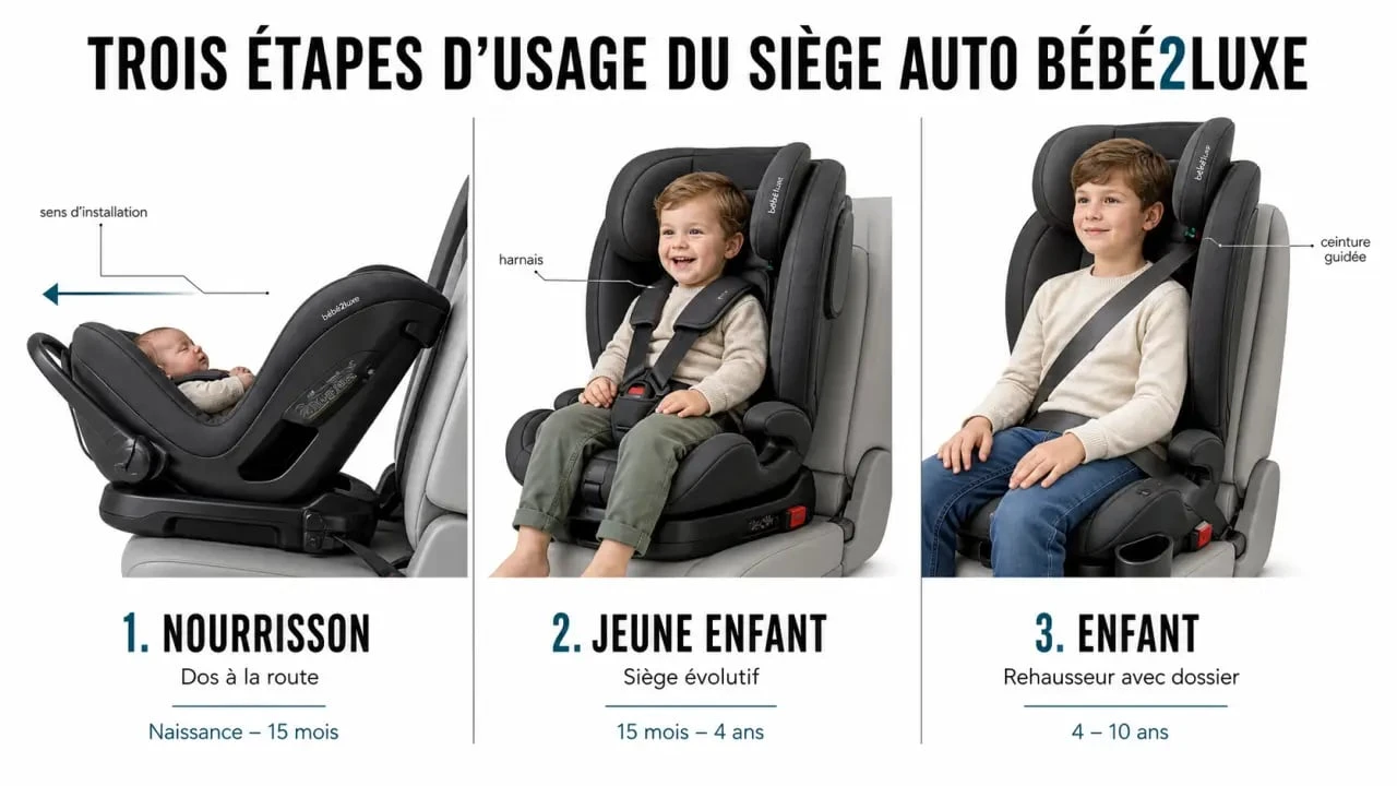 Guide visuel du siège auto bébé2luxe avec groupes d’âge, usage dos à la route et évolutivité
