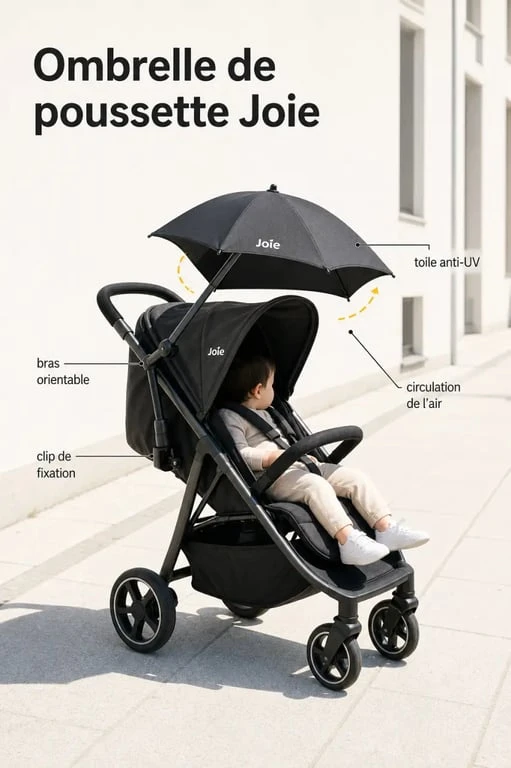 Ombrelle poussette joie fixée sur une poussette Joie avec clip réglable et bras orientable