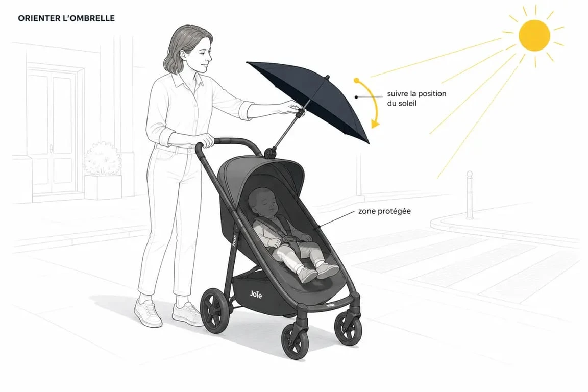 Ombrelle poussette joie orientée pour protéger bébé du soleil sur une poussette Joie