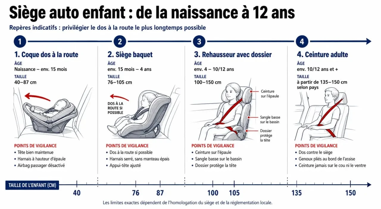 quel siège auto pour quel age : infographie des étapes coque, siège baquet et rehausseur selon la taille et l’âge