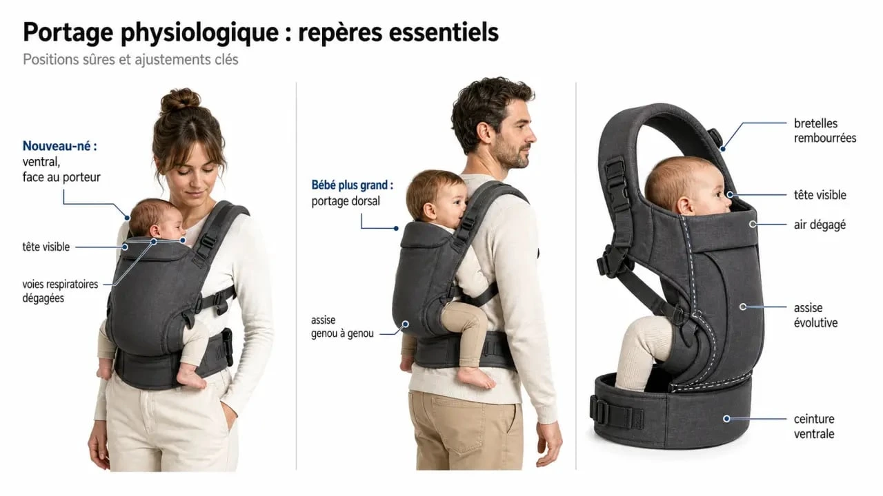 Porte bébé orchestra : schéma éditorial des positions de portage et des repères de sécurité