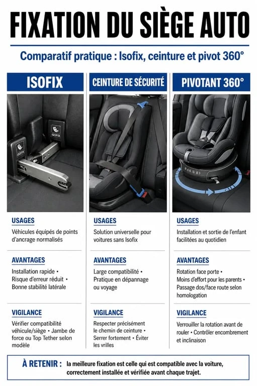 Siège auto Leclerc : comparaison des fixations Isofix, ceinture et pivotant 360°