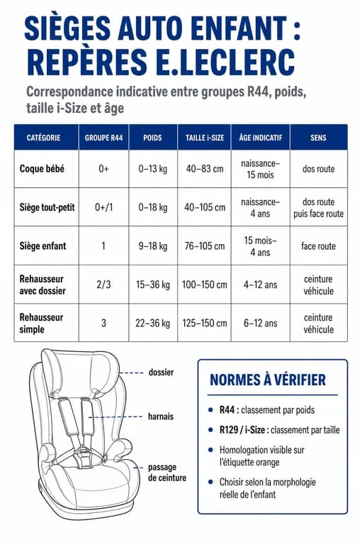 Siège auto Leclerc : repères de poids, taille, normes et groupes pour choisir le bon modèle