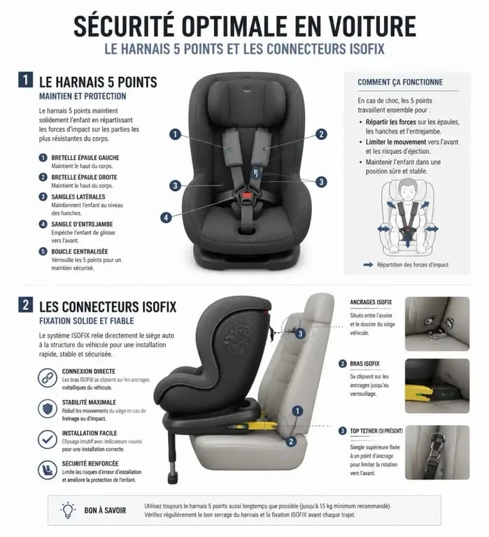 Schéma technique des systèmes de sécurité d'un siège auto Britax Römer avec harnais 5 points et ISOFIX