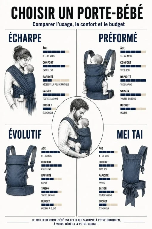 Quel porte bébé choisir : comparaison visuelle des principaux modèles selon l’âge, le confort et le budget