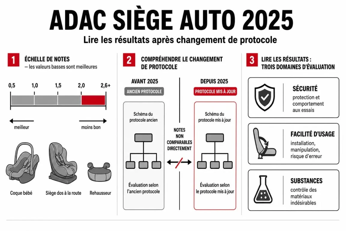 ADAC siège auto 2025 : visuel comparatif des notes et du nouveau protocole