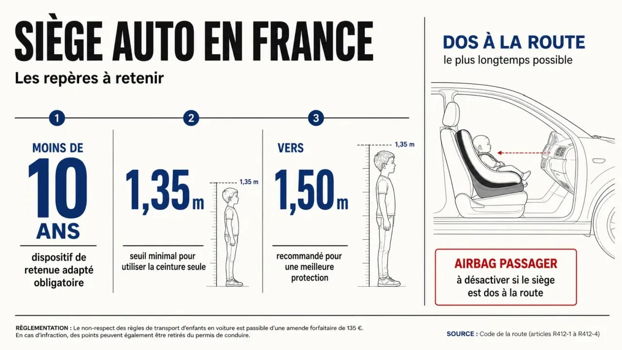 Siège auto age obligatoire : repères visuels sur l’âge, la taille, la ceinture seule et le dos à la route