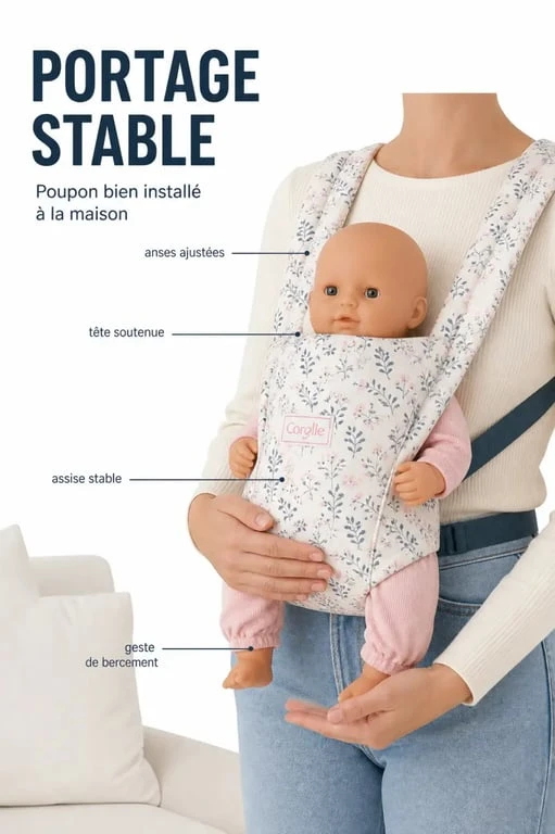 Porte bébé corolle floral avec grand poupon installé pour le portage