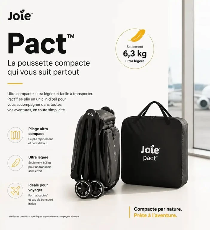 Poussette Joie Pact pliée et prête pour le voyage