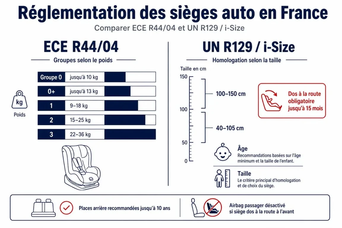 Siège auto réglementation en France : comparatif visuel des normes R44 et R129/i-Size et des règles d’installation