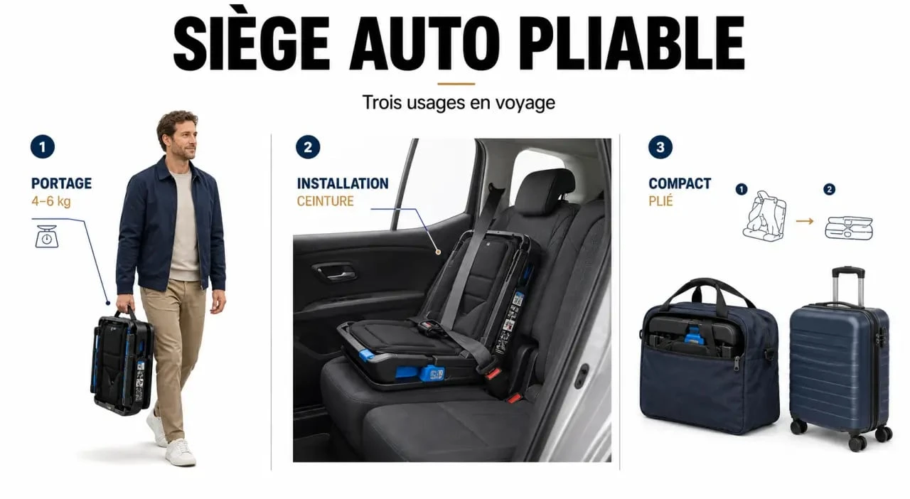 Comparatif visuel d’un siège auto pliable pour transport, installation et compacité