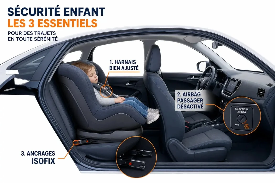 poids siège auto : enfant installé dos à la route avec repères i-Size, airbag désactivé et fixation Isofix