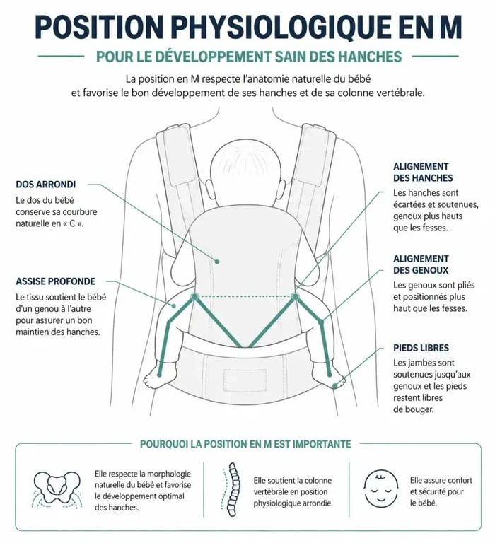 Schéma de la position physiologique en M pour porte bébé tigex