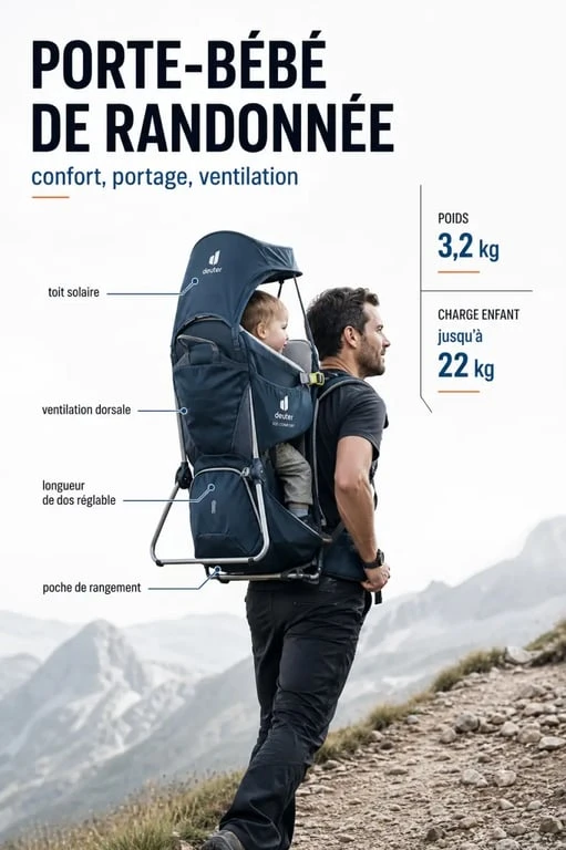 Porte bébé deuter Kid Comfort en randonnée avec repères sur le poids, la charge et les réglages