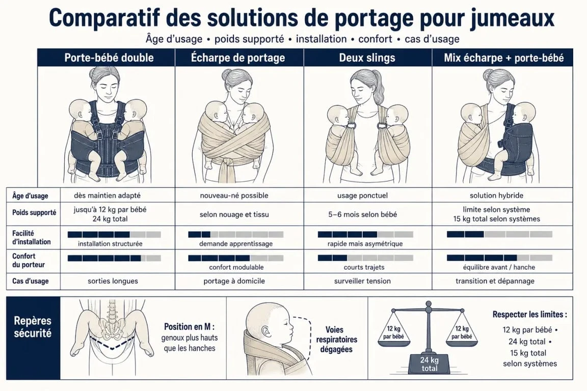 Comparatif éditorial d’un porte bébé pour jumeaux avec critères d’âge, poids, confort et sécurité