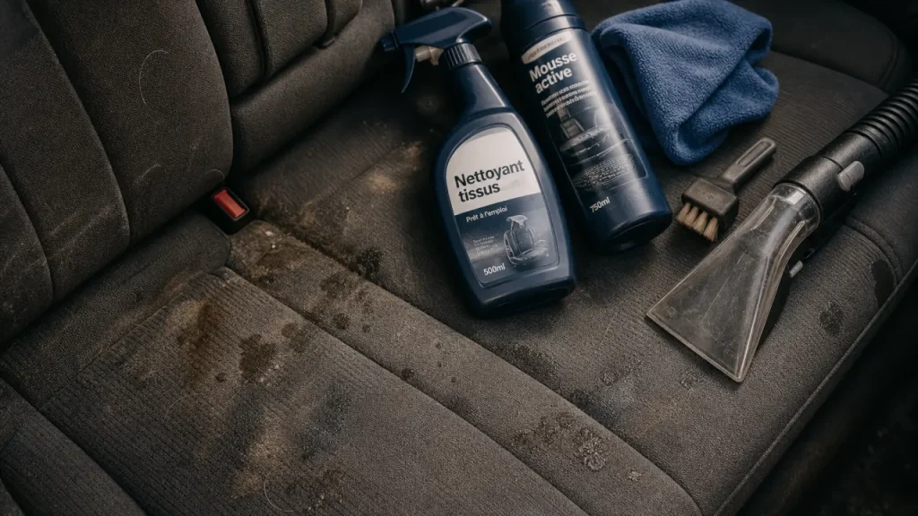 Nettoyant siège auto : taches sur siège tissu, spray et mousse