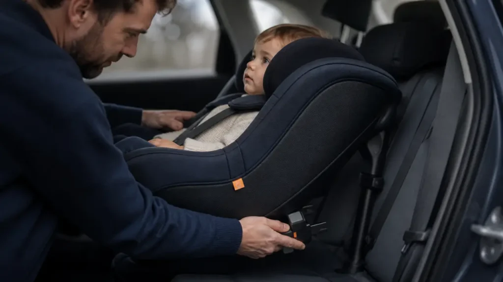 Poids siège auto : parent installe un siège i-Size avec fixation Isofix