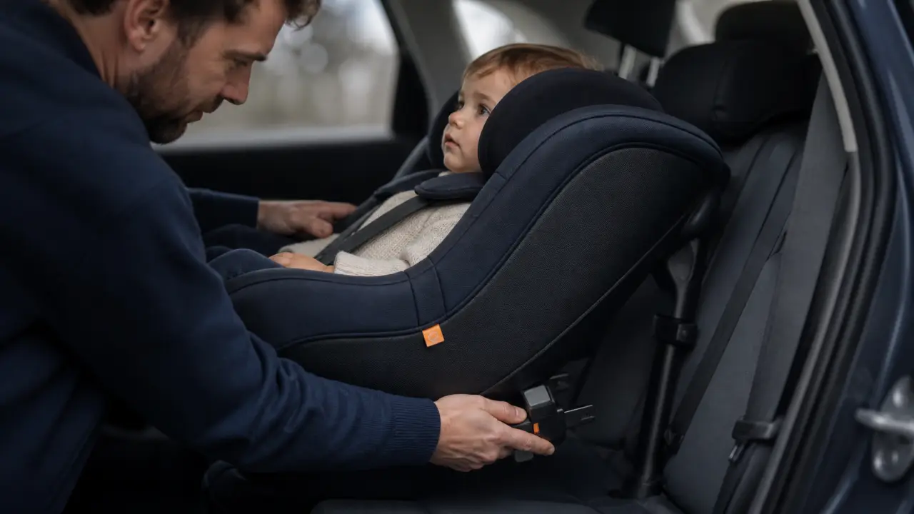 Poids siège auto : parent installe un siège i-Size avec fixation Isofix