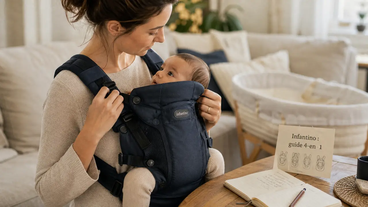 Porte bébé infantino avec 4 modes, jusqu’à 18 kg, en usage correct.