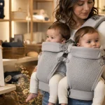 Porte bébé pour jumeaux : réglages sécurité et confort, vue double ventrale