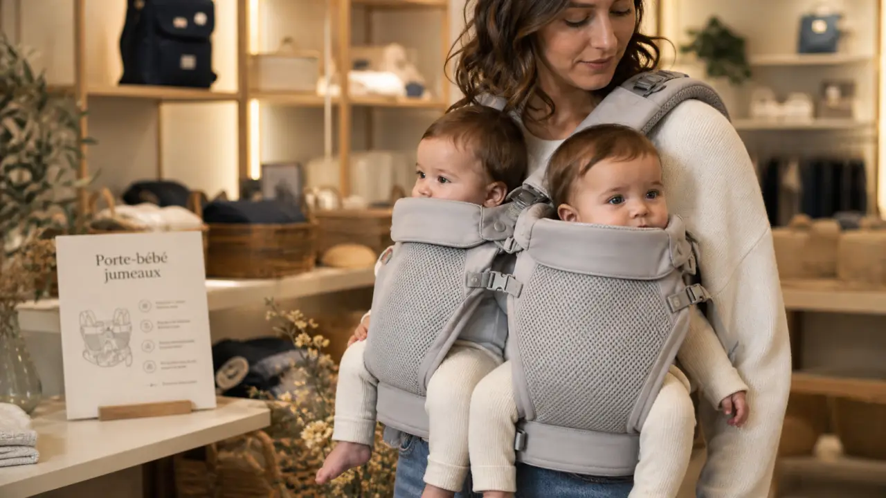 Porte bébé pour jumeaux : réglages sécurité et confort, vue double ventrale