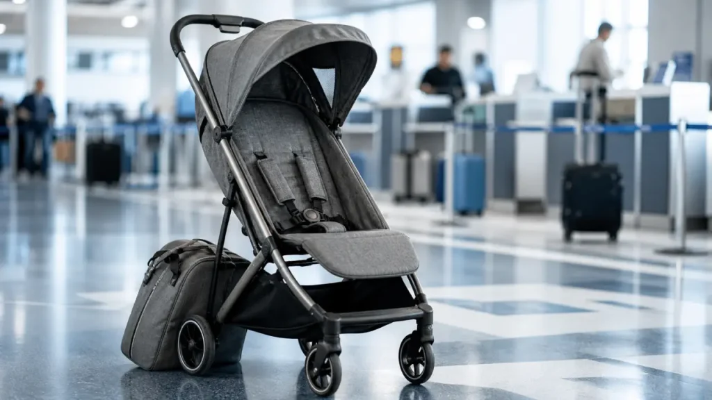 Poussette Joie Pact compacte ouverte en aéroport, 6 kg