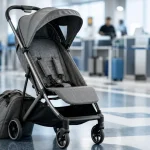 Poussette Joie Pact compacte ouverte en aéroport, 6 kg