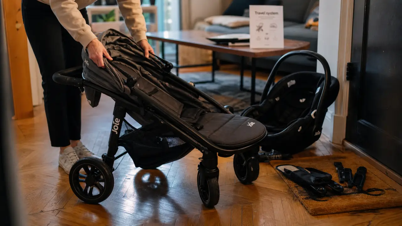 Poussette litetrax Joie : pliage à une main et travel system, dans un appartement