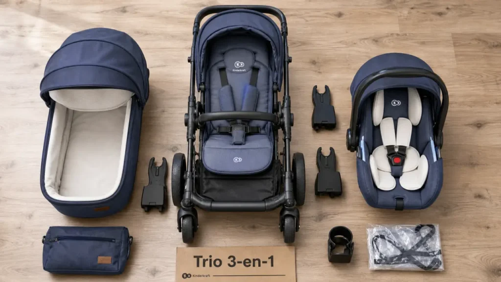 Poussette trio kinderkraft 3-en-1 : nacelle, siège-auto et châssis Travel System
