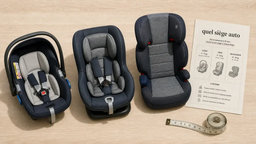 Quel siège auto pour quel age : coque, siège baquet, rehausseur