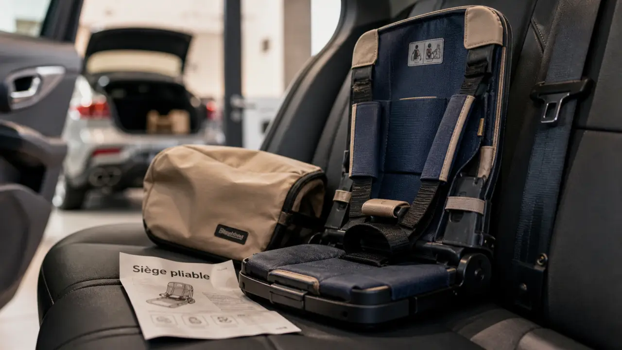 Siège auto pliable compact pour voyager, installé en voiture