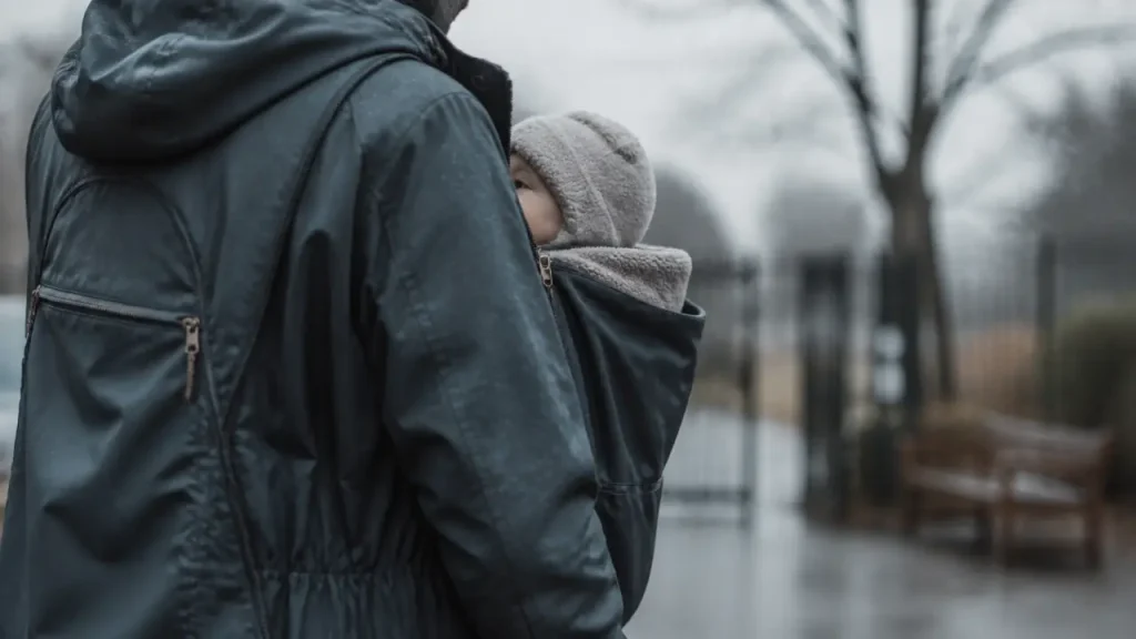 Veste porte bébé 4-en-1 waterproof, parent en veste de portage et bébé au chaud