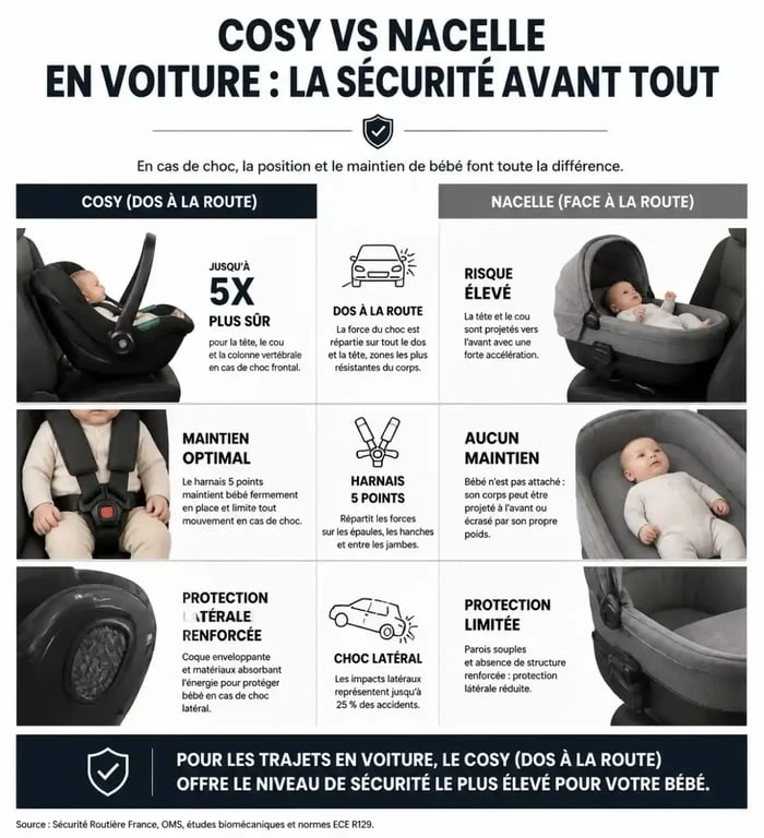 Comparatif sécurité nacelle ou cosy avis pédiatre pour le transport en voiture