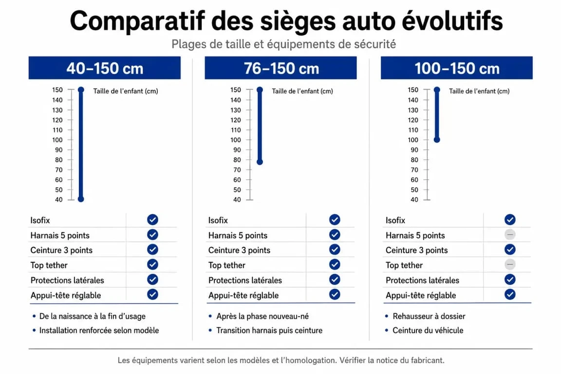 Siège auto nania isofix groupe 1 2 3 : comparatif visuel des tailles et fixations