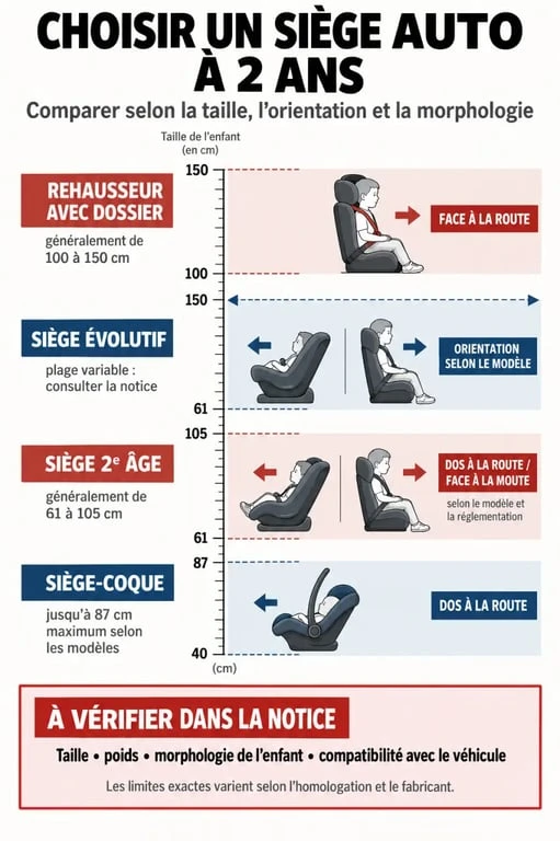 Infographie comparative pour choisir un siège auto bébé 2 ans selon la taille et l’orientation