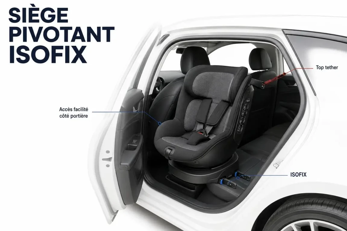 Siège auto Nania pivotant isofix dans une voiture, tourné vers la portière avec les points d’ancrage mis en évidence