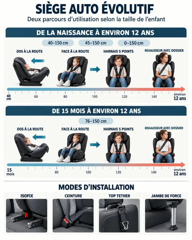Infographie sur le siège auto évolutif selon la taille de l’enfant et le mode d’installation