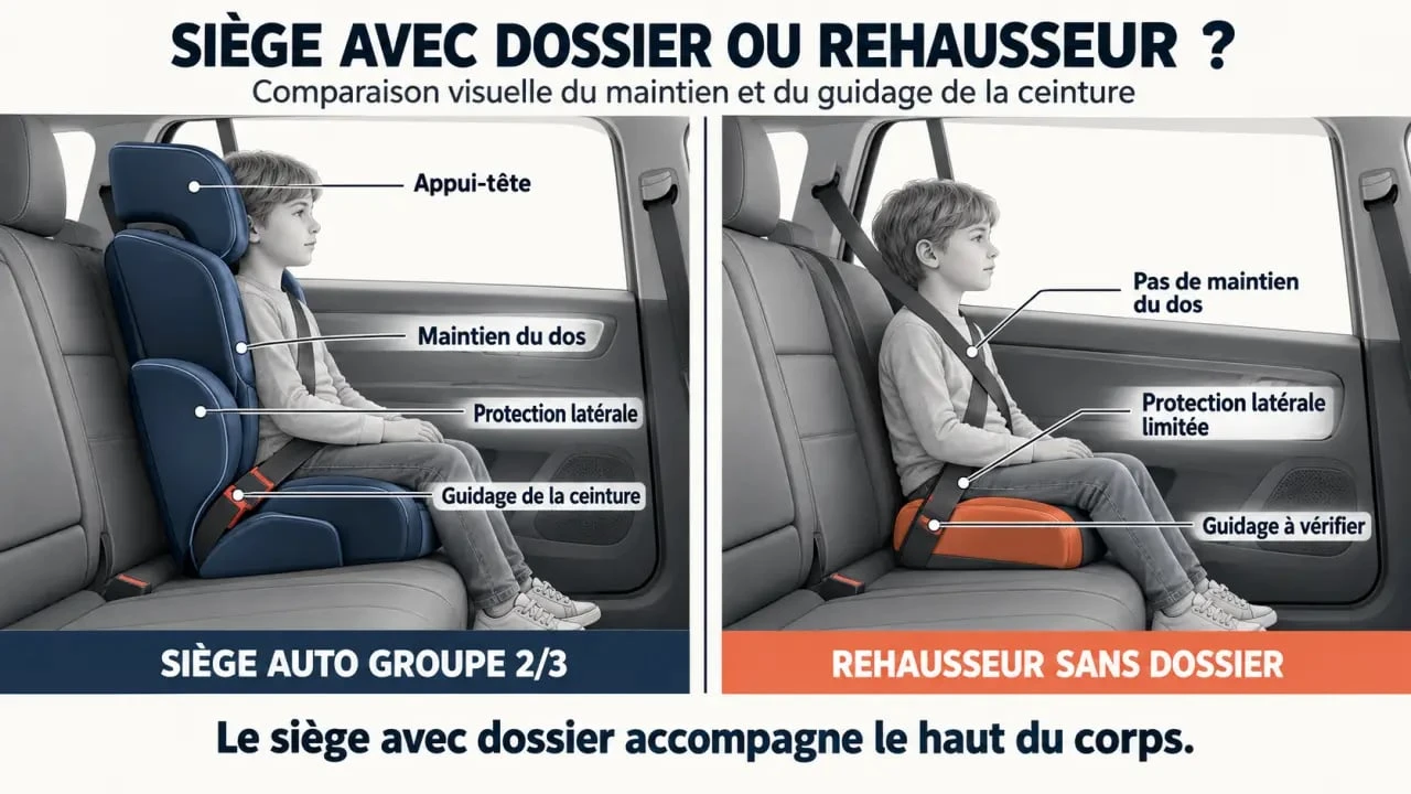 Infographie comparative d’un siège auto groupe 2/3 avec dossier et d’un rehausseur sans dossier