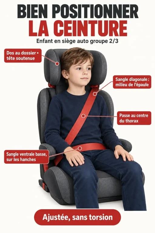 Schéma du bon positionnement de la ceinture dans un siège auto groupe 2/3